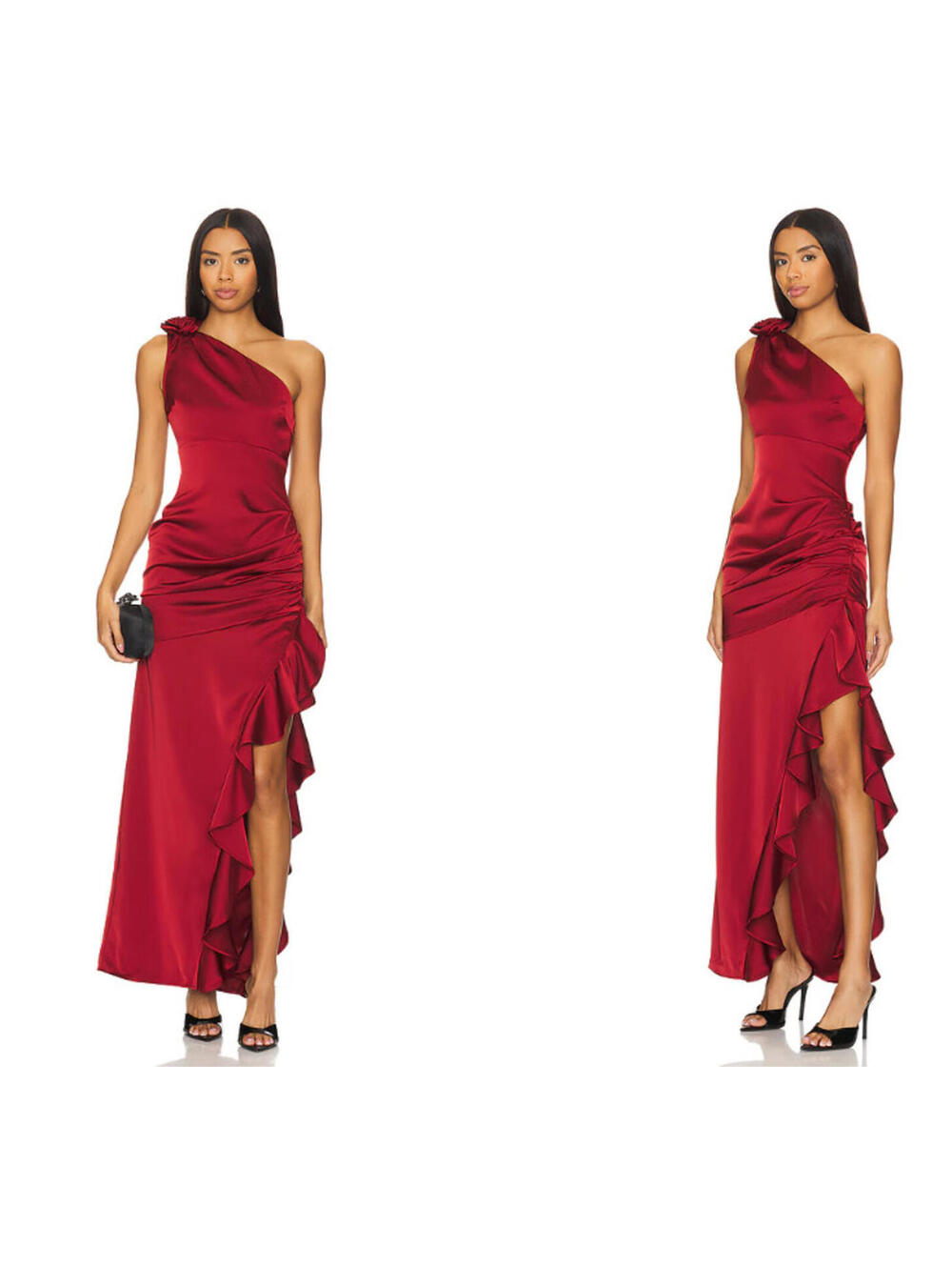 Majorelle Natalya Red Wine Satin One Shoulder Ruffled Slit Evening Gown XS $258